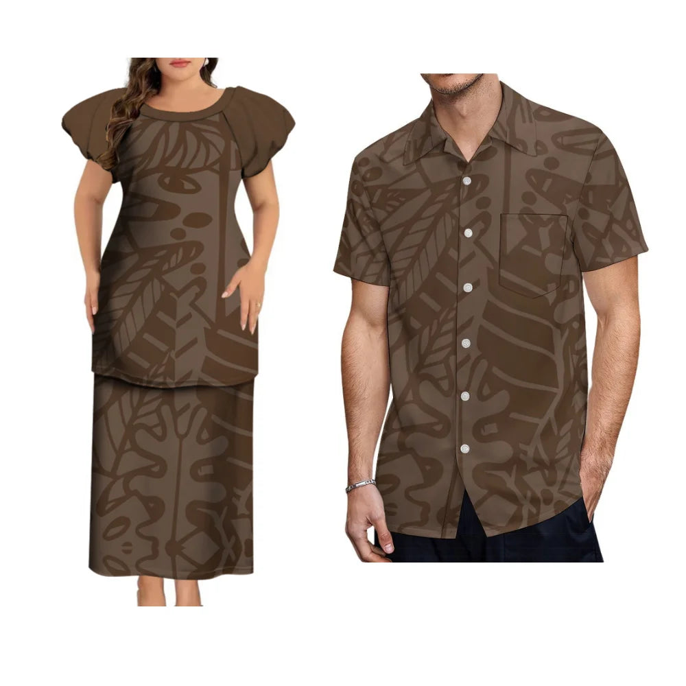 Puletasi Custom Polynesian Floral Print Long Dress Tonga Fiji Samoa Island Couple Suit Men'S Shirt Women'S Long Dress 2025 New