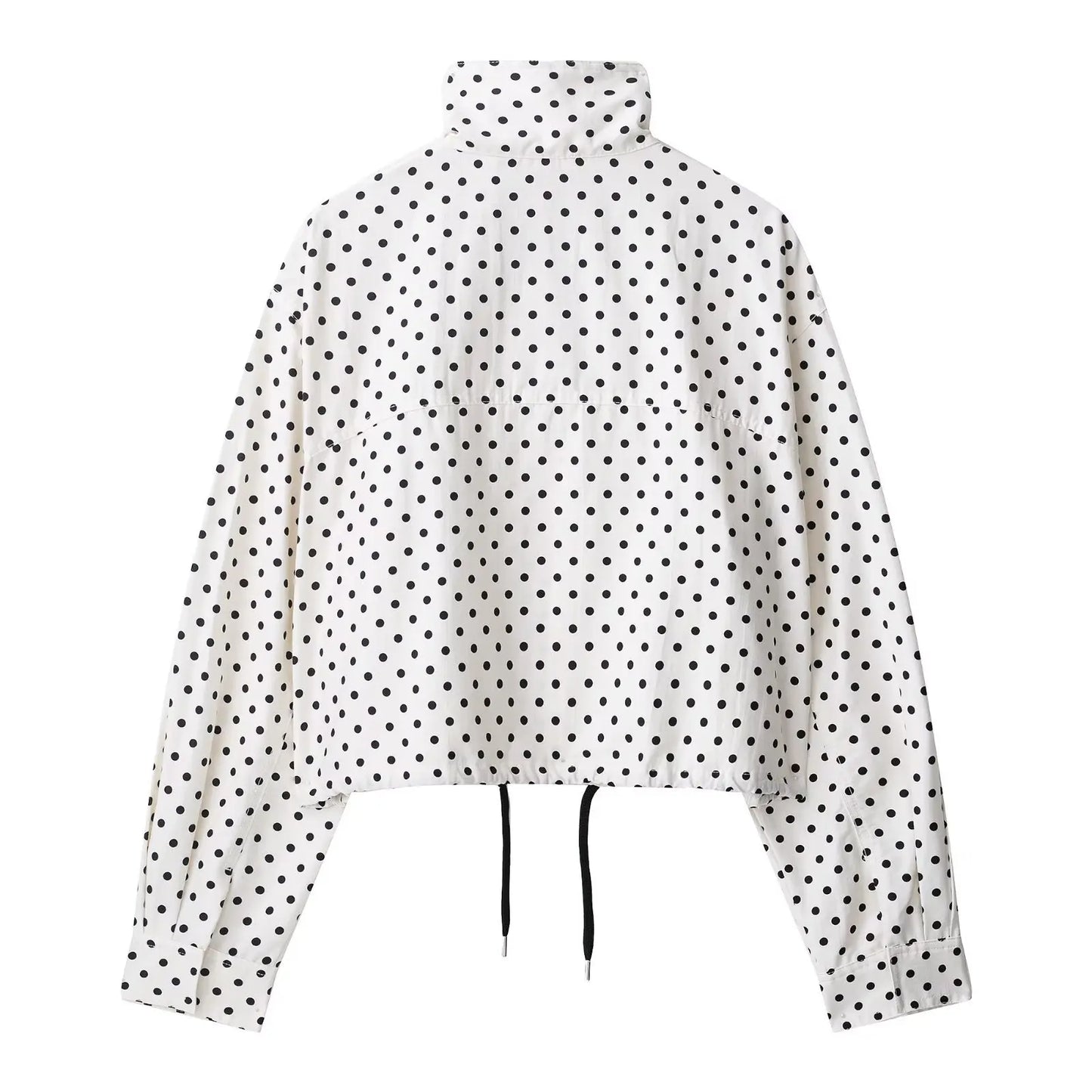 Jadoutin Women Spring Jacket Turtleneck Zipper Pockets Drawstring Polka Dot