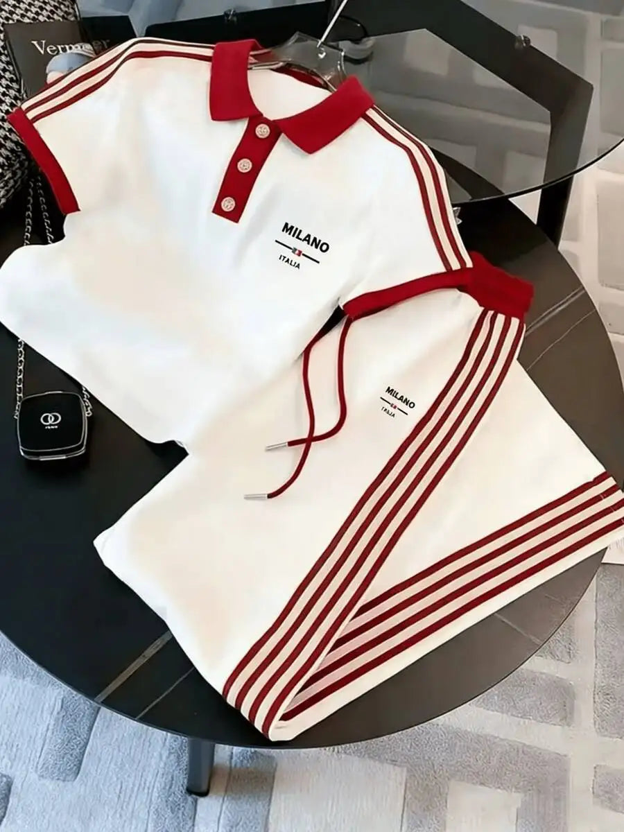 Mens Striped Polo Co-ords Set Casual Knit Cuban Collar Ensemble