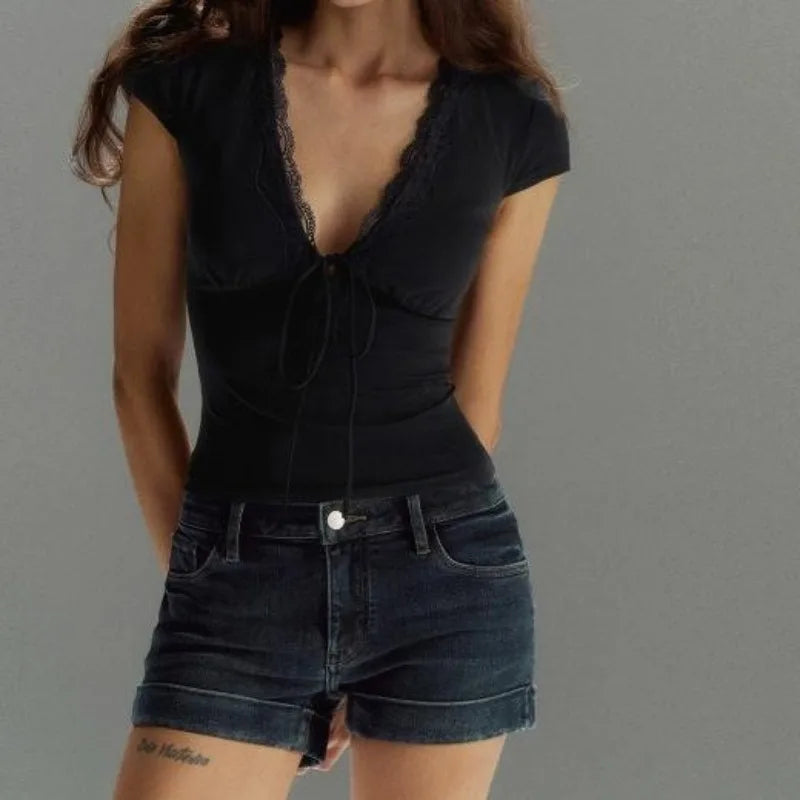 Sexy French Lace Trim T-shirt Women Deep V Neck Lace Up Solid Casual Short Sleeve Summer Vintage Slim Fit Streetwear Crop Tops