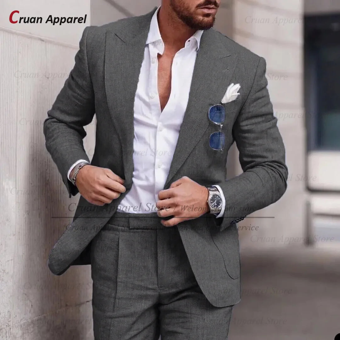 Men's Linen Suit Set With Peaked Lapel Blazer Pants