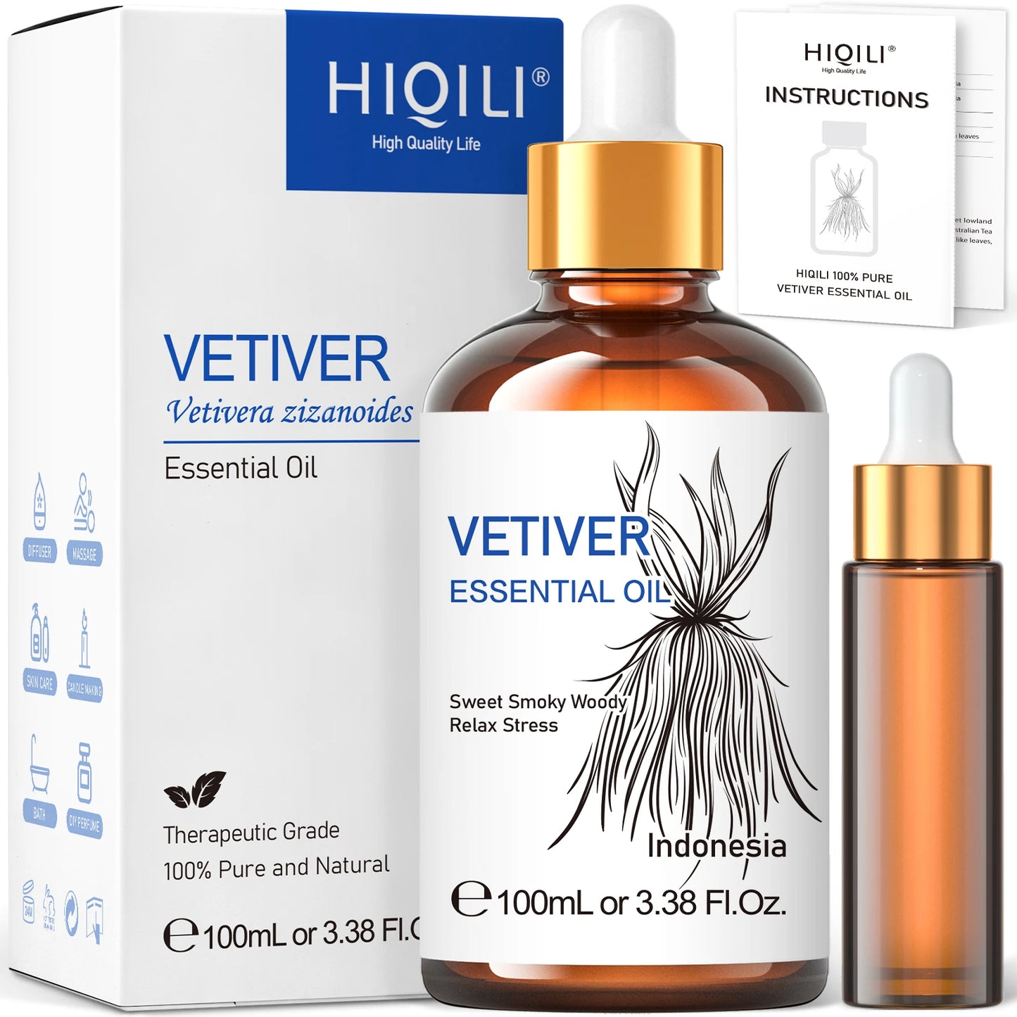 HIQILI Vetiver Essential Oil Pure for Aromatherapy and Diffuser