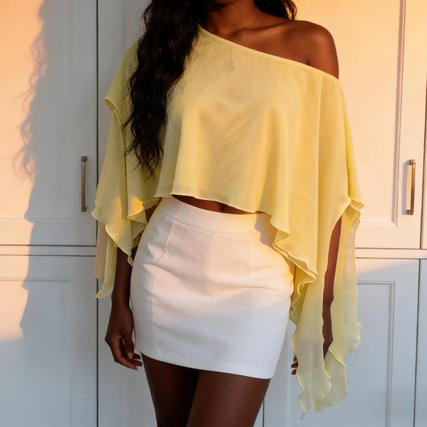 Chiffon Poncho Top Off Shoulder Loose Fit Cover Up Blouse
