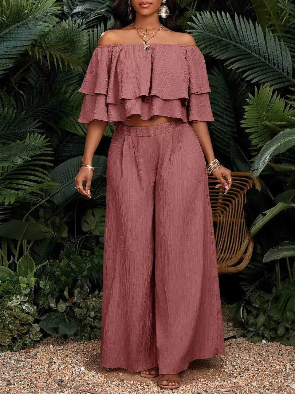 Womens Off Shoulder Ruffle Crop Top Wide Leg Pants Set