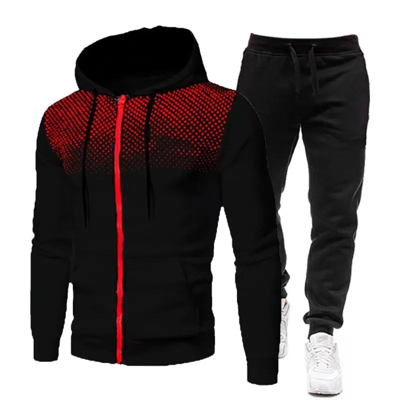 Fashion Print Tracksuit For Men Zipper Hooded Sweatshirt And Sweatpants