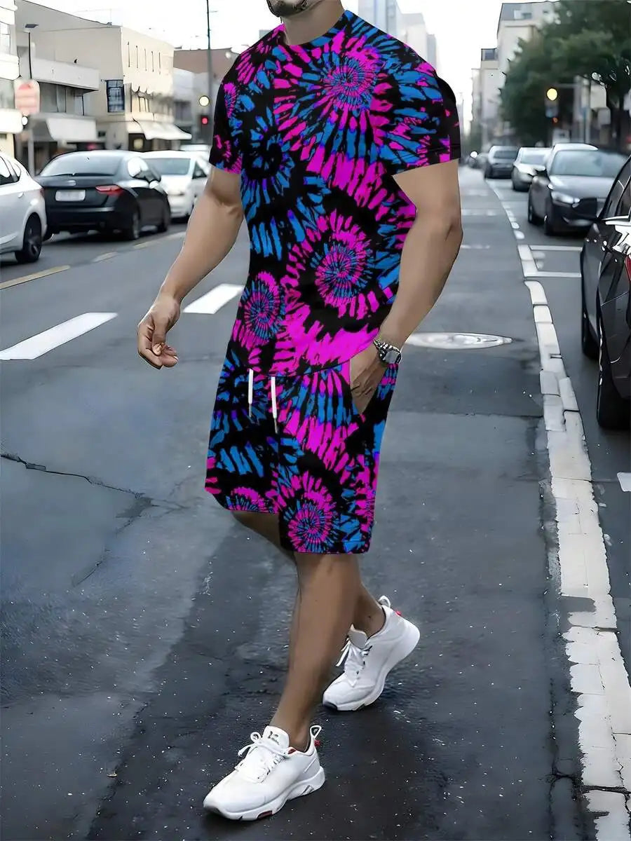 Mens Tie-Dye Two-Piece Short Sleeve Tee And Shorts Set