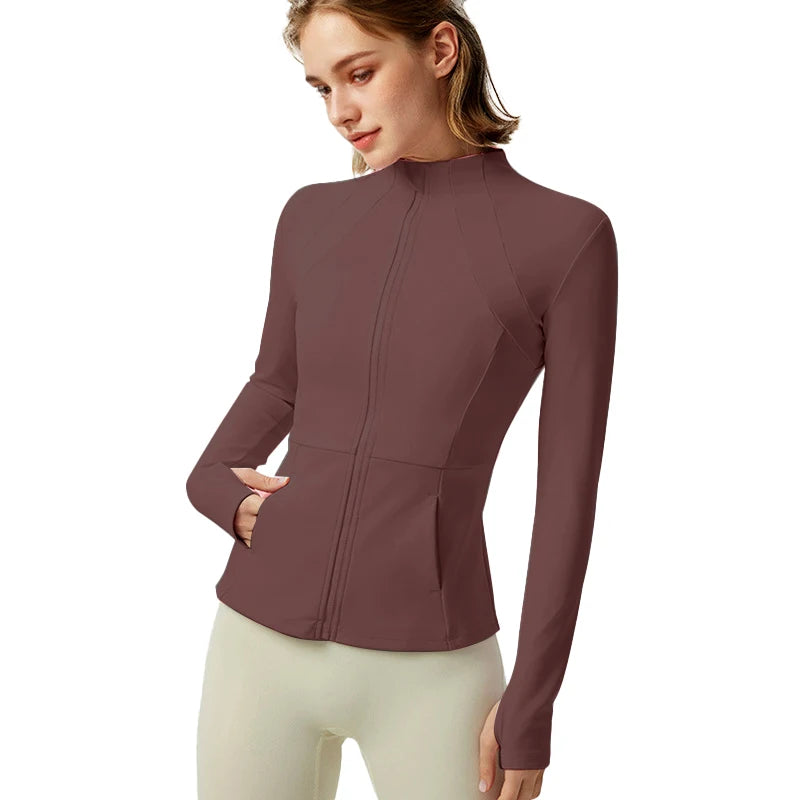 Lightweight Womens Yoga Jacket With Zip Pockets And Thumb Cuffs