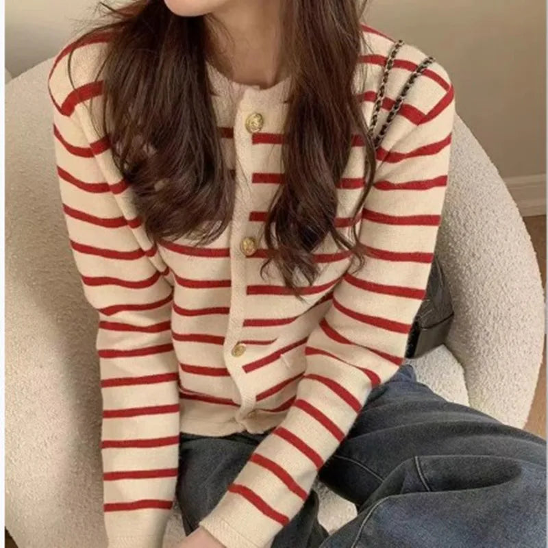 Linglsix Women Stripe Knitted Cardigan O Neck Long Sleeve