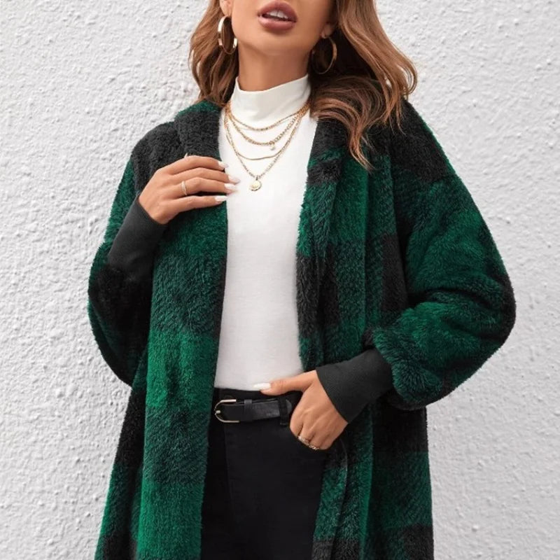Women's Plaid Fleece Hooded Cardigan Jacket With Patchwork Design