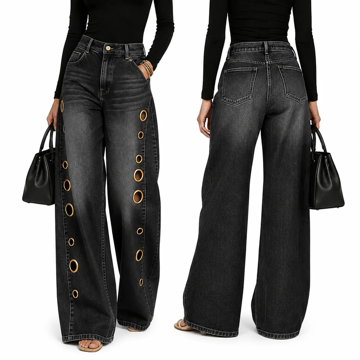 Women High Waist Wide Leg Cutout Denim Jeans With Pockets