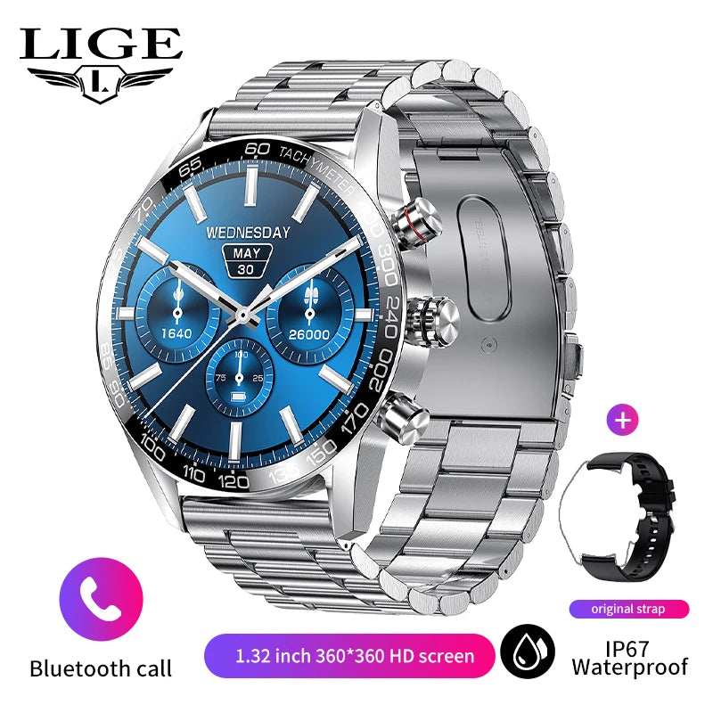 LIGE 2024 New Outdoor Bluetooth Call Smart Watch Men 1.32 inch AMOLED Full Touch Fitness Bracelet Waterproof Smartwatch Men