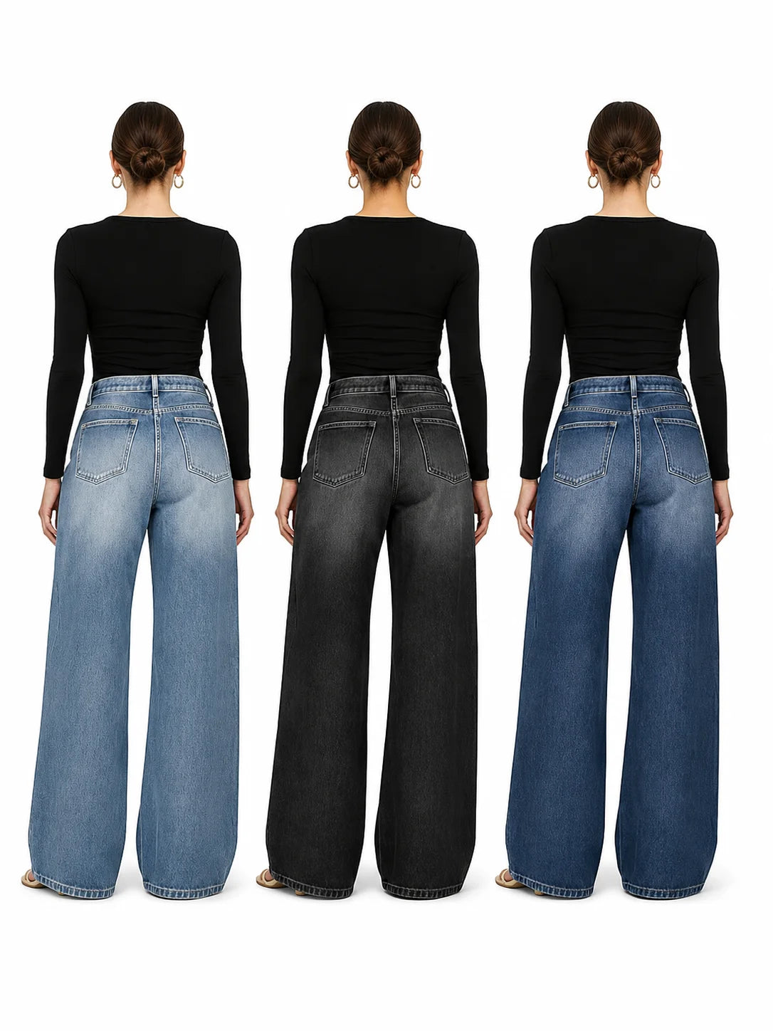 Women High Waist Wide Leg Cutout Denim Jeans With Pockets