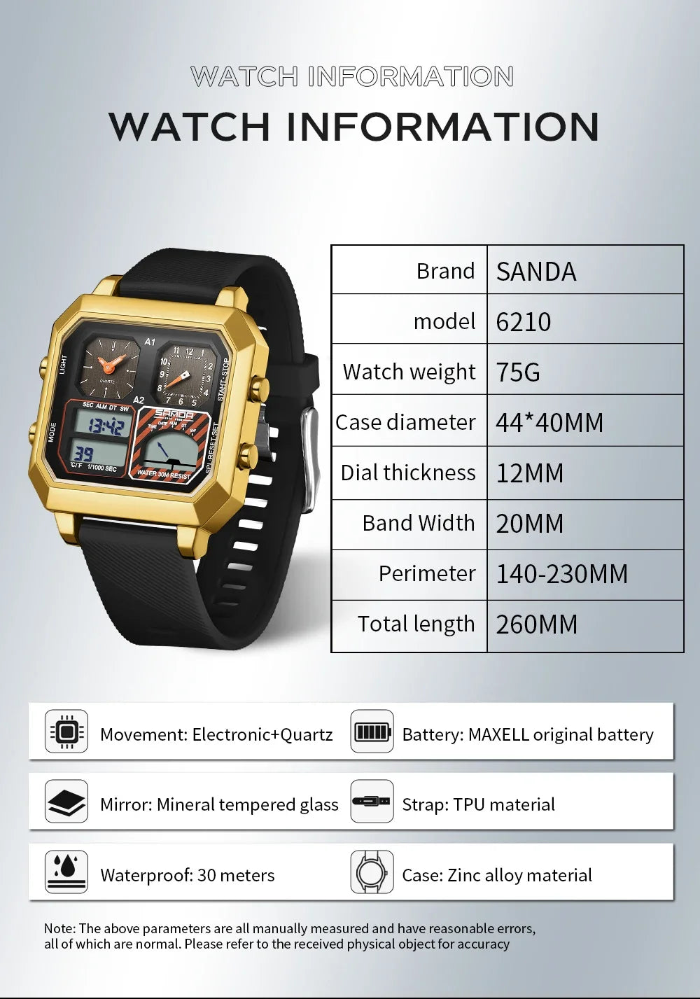 Sanda Men Electronic Watch With Temperature Gauge And Steel Case