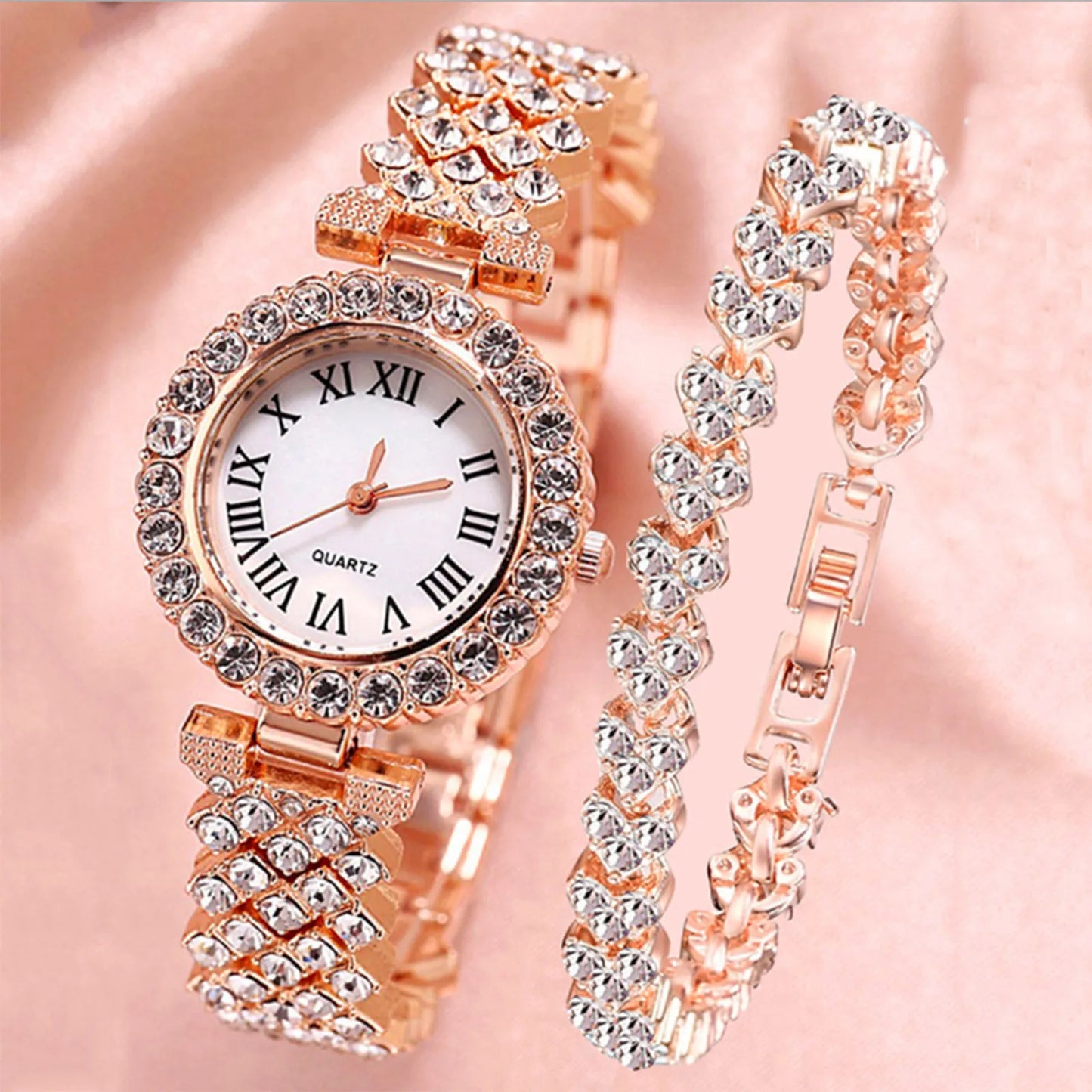 Crystal Diamond Women Watches Set Two Piece Rhinestone Bracelet Gift