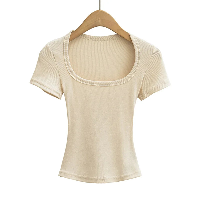 Dozw Square Collar High Stretch Summer Crop Top For Women Slim Fit Short Sleeve