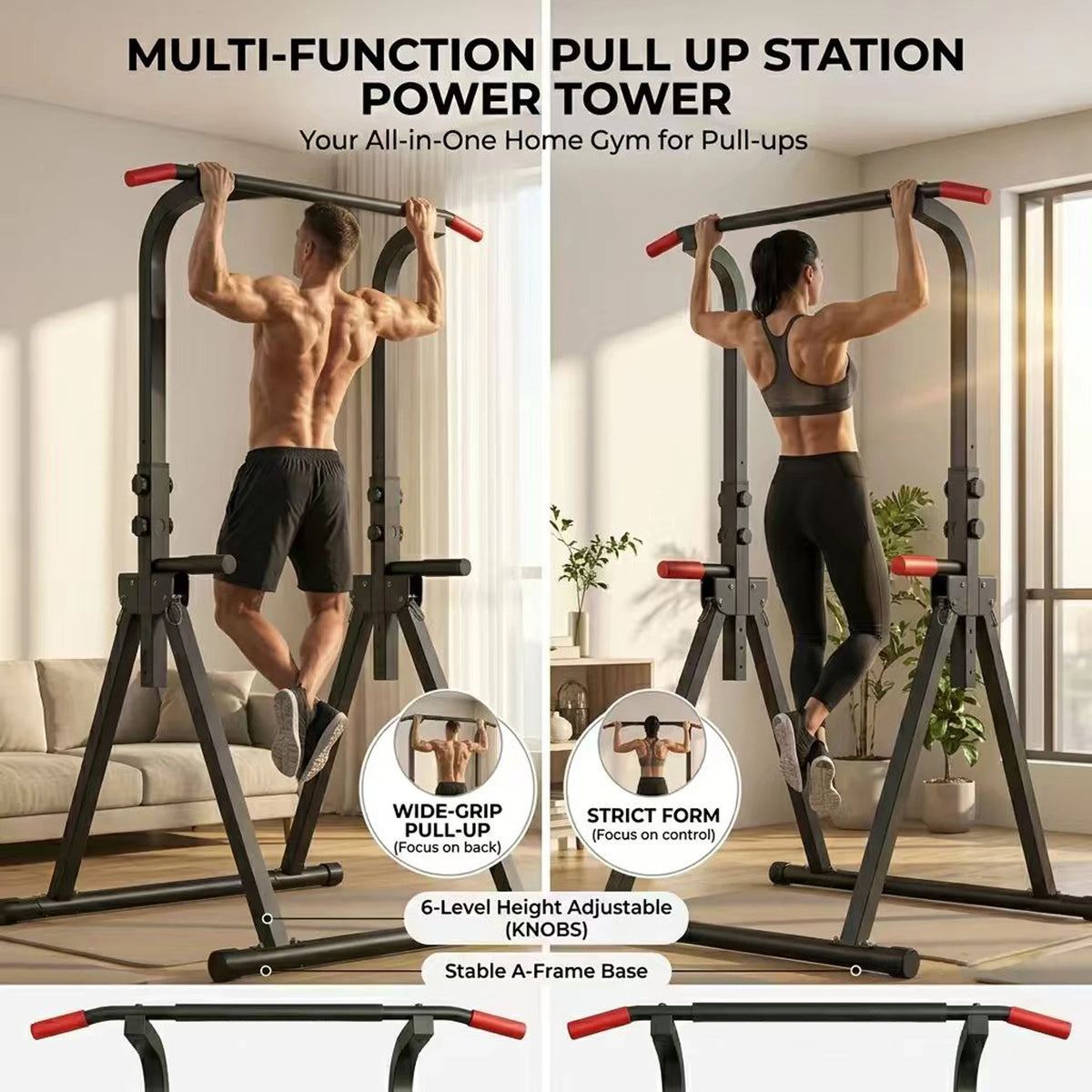 Foldable Power Tower Pull Up Bar Multi-Function Dip Station Strength Training