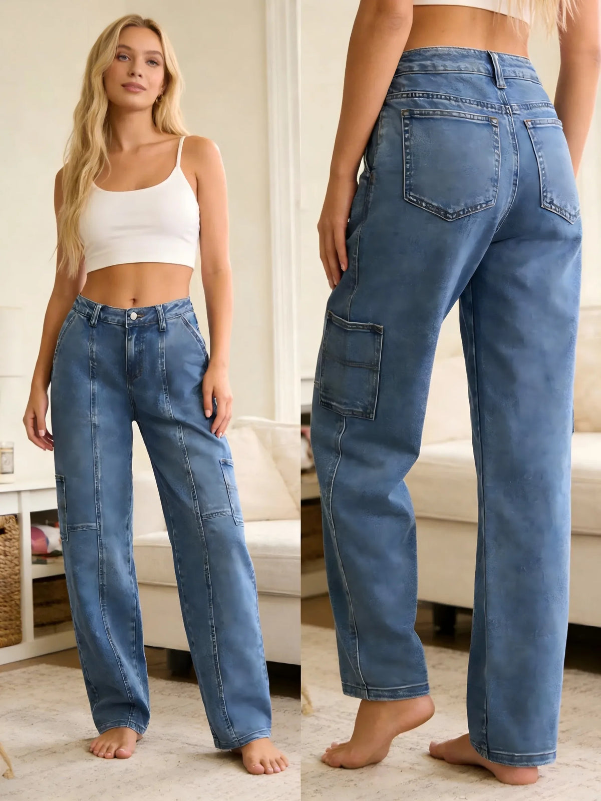 HME Women's High Waist Cargo Pocket Straight Leg Denim Jeans