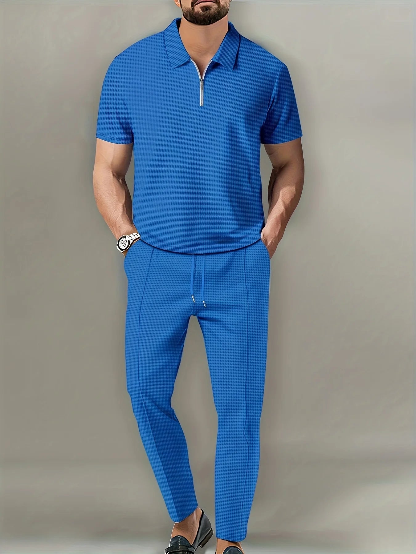 Men's Waffle Lapel Short Sleeve Zipper Pants Set Casual Wear