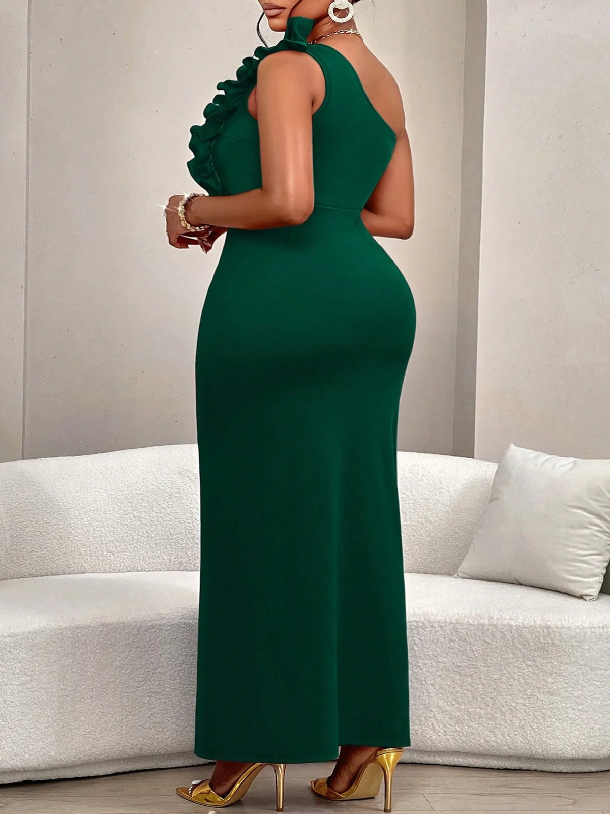Women's One Shoulder Ruffle Slim Fit Evening Dress With Slit