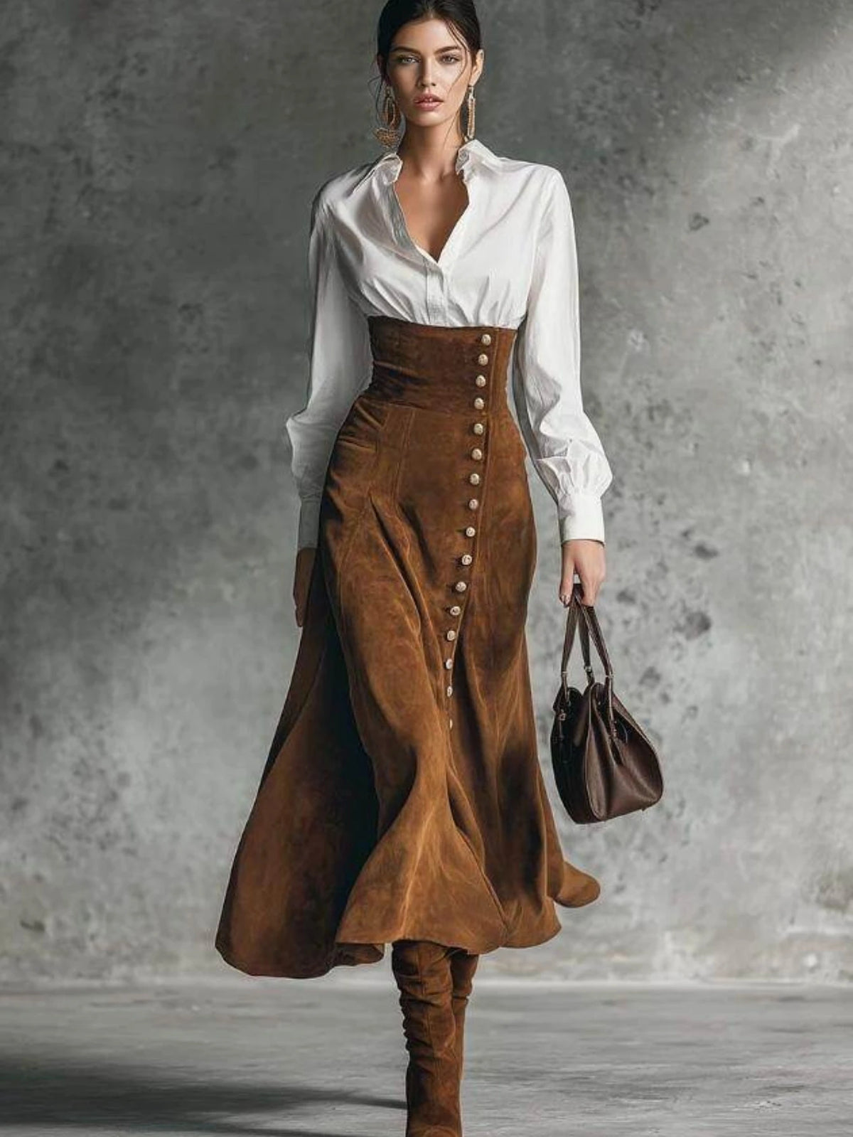 Stylish Two Piece Ensemble Featuring Lapel Shirt And Flared Skirt