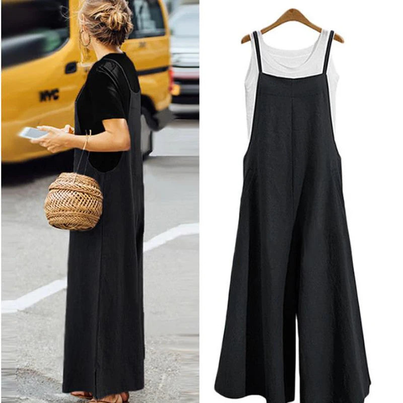 Women Cotton Blend Jumpsuit Sleeveless Wide Leg Dungaree Overalls