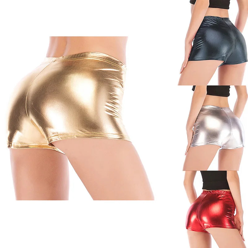 Women Yoga Shorts Seamless PU Shiny Mid Waist Fitness Shorts