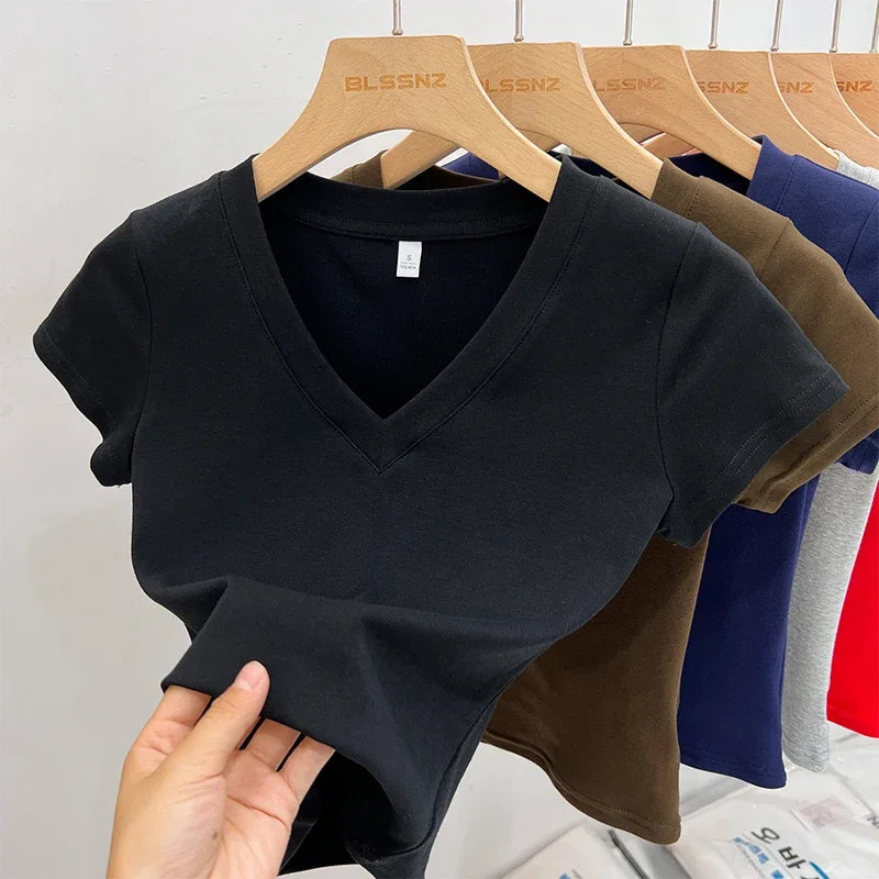 Summer Sexy V-neck Slim T Shirt Women Cotton Basic Solid Crop Tops Female Casual Tops Short Sleeve T-shirts 2026