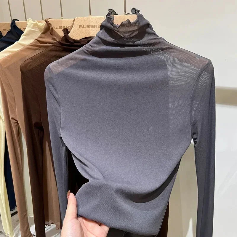 TDFunlive High Neck Lace Blouse See Through Long Sleeve