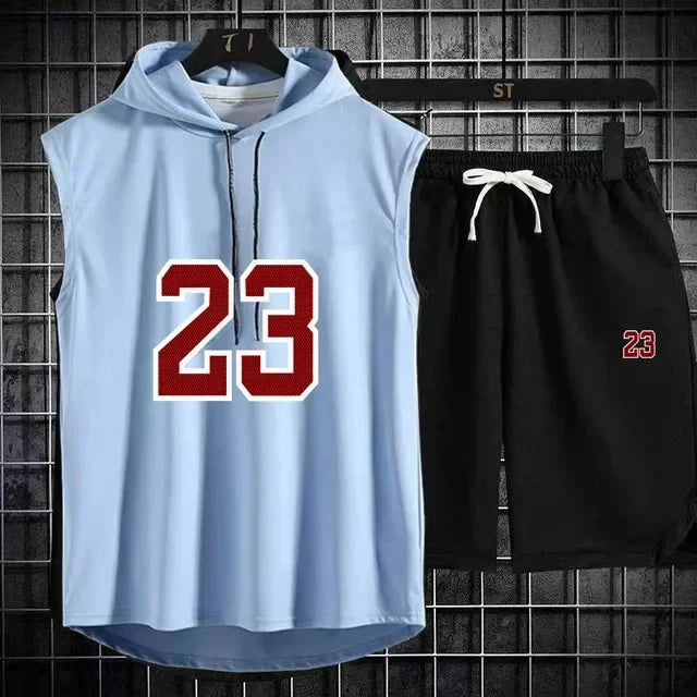 Summer Mens Sleeveless Hooded T Shirt And Shorts Set