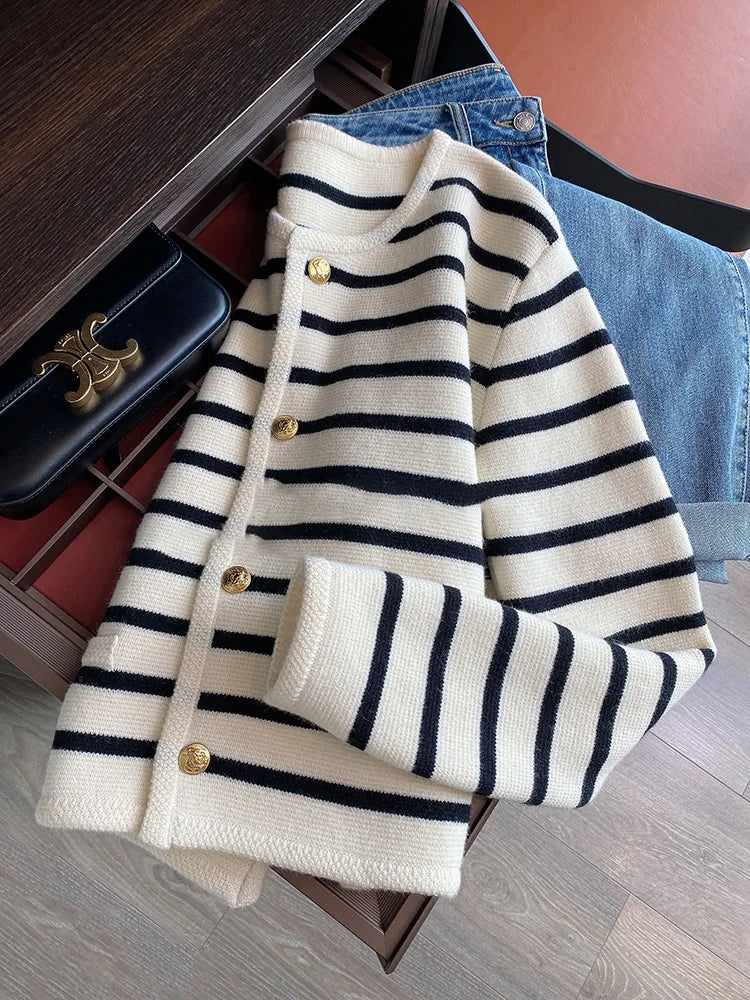 Linglsix Women Stripe Knitted Cardigan O Neck Long Sleeve