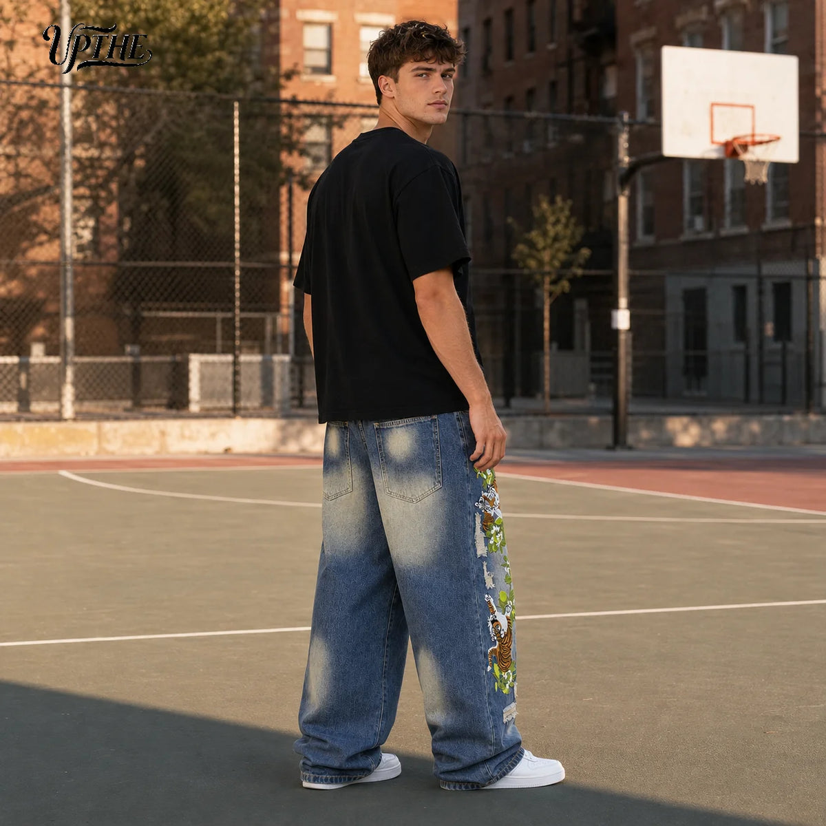 UPTHE Men's Distressed Embroidered Baggy Wide Leg Denim Jeans