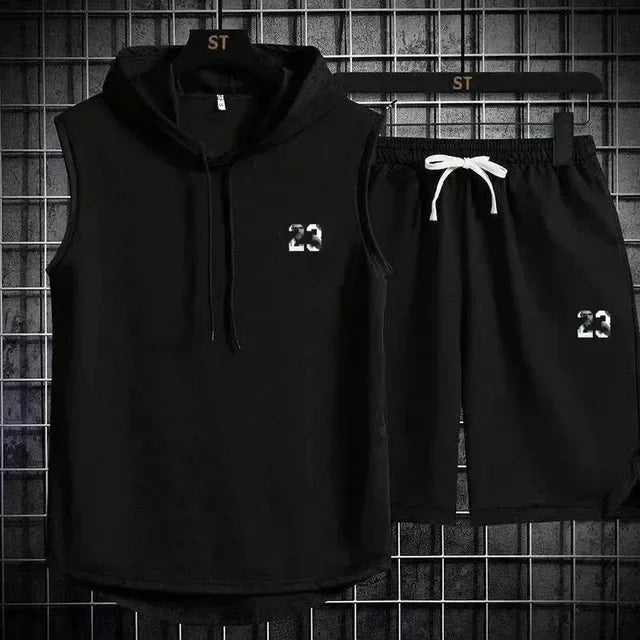 Summer Mens Sleeveless Hooded T Shirt And Shorts Set