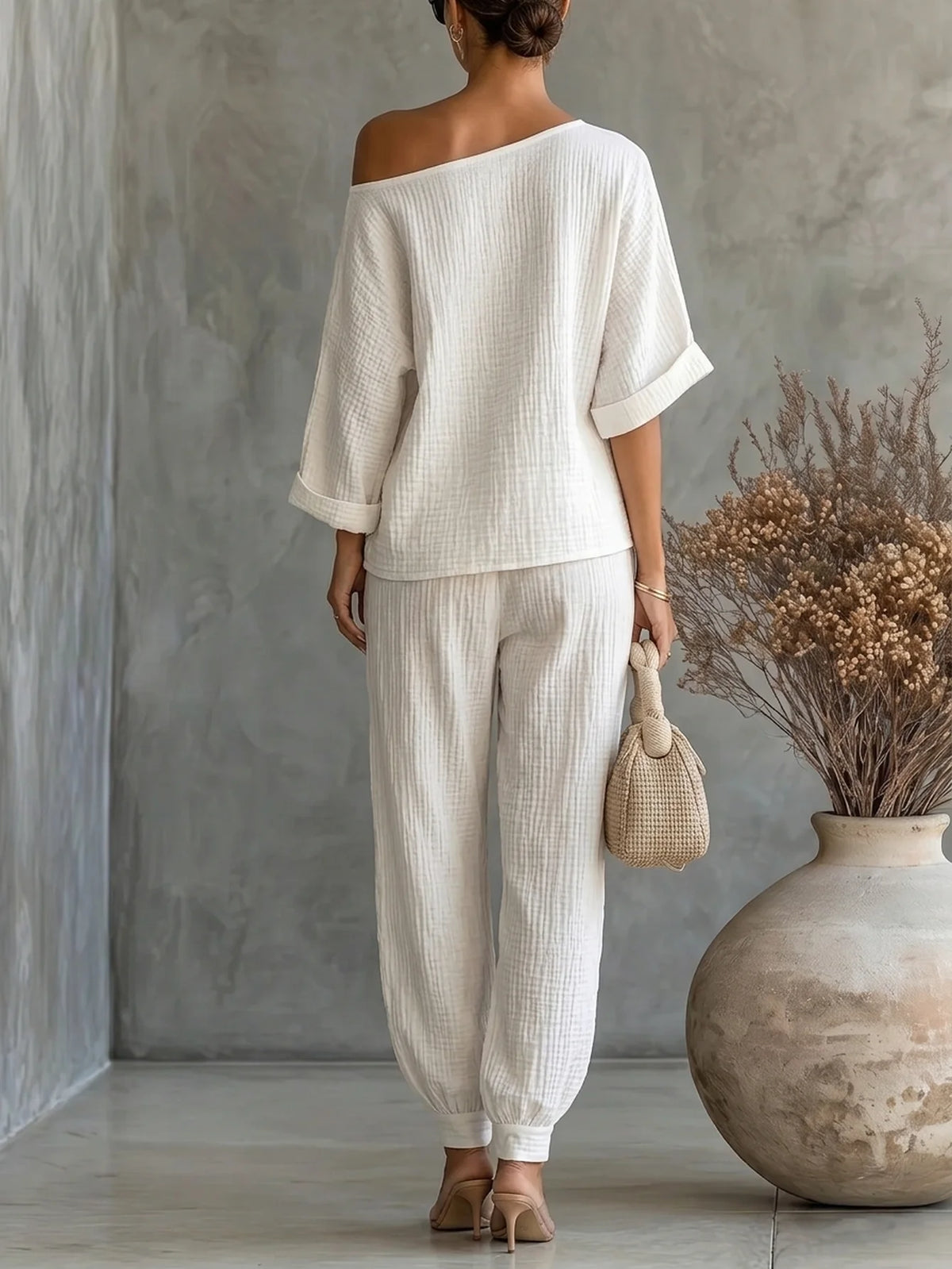 Women's Off Shoulder Textured Two Piece Top And Jogger Suit