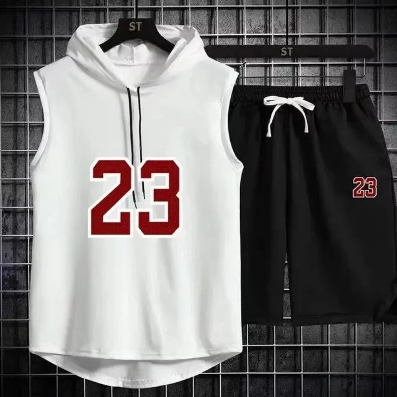 Summer Mens Sleeveless Hooded T Shirt And Shorts Set