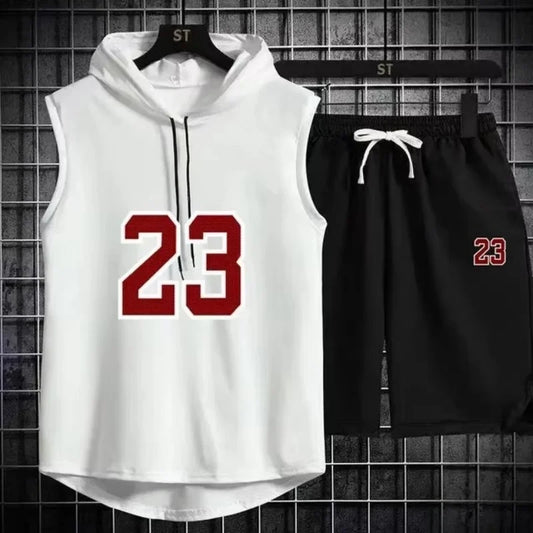 Summer Mens Sleeveless Hooded T Shirt And Shorts Set