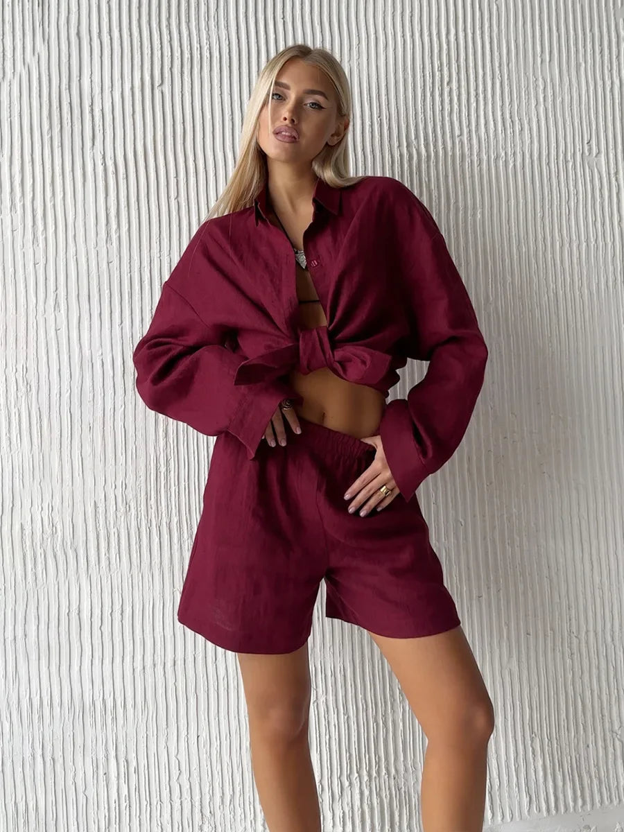 Bornladies Cotton Short Set With Long Sleeve Shirt And Elastic Waist Shorts