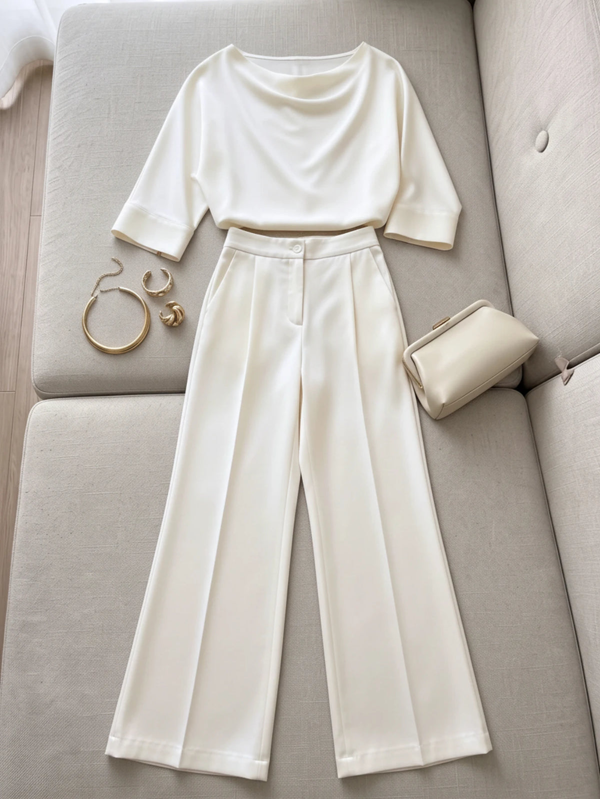Women Cowl Neck Top With Matching Wide Leg Pants Outfit