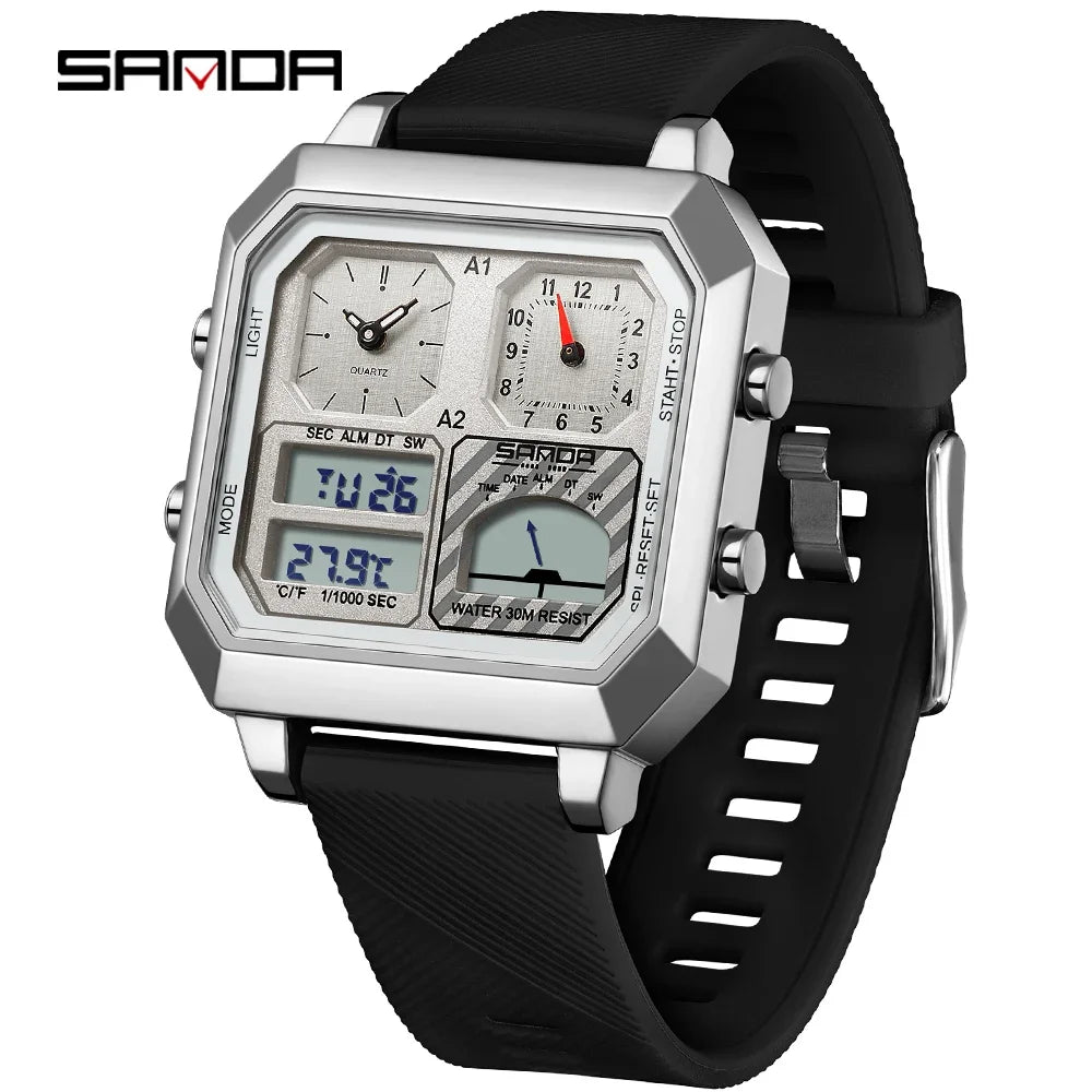 Sanda Men Electronic Watch With Temperature Gauge And Steel Case