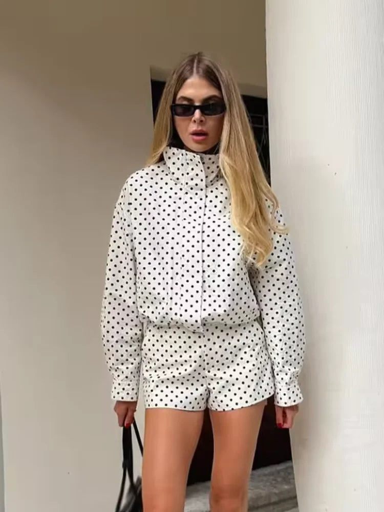 Jadoutin Women Spring Jacket Turtleneck Zipper Pockets Drawstring Polka Dot