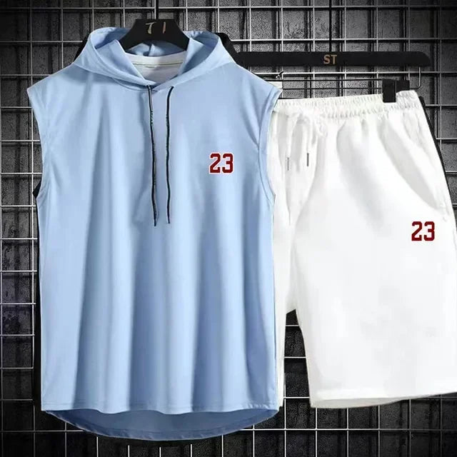 Summer Mens Sleeveless Hooded T Shirt And Shorts Set