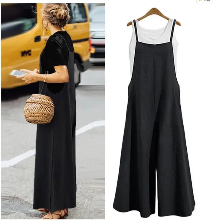 Women Cotton Blend Jumpsuit Sleeveless Wide Leg Dungaree Overalls