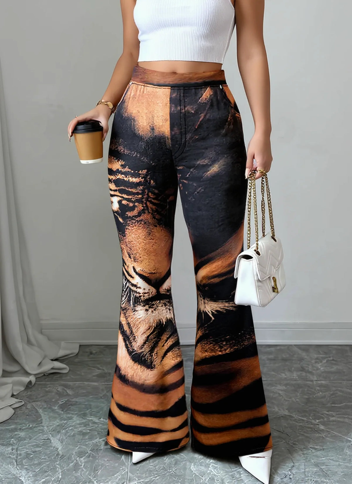Women's Tiger Print High Waist Flare Pants For Streetwear
