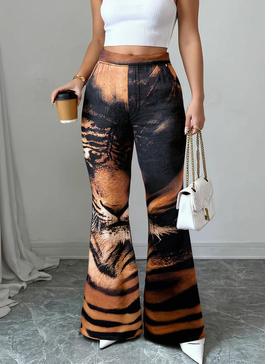 Women's Tiger Print High Waist Flare Pants For Streetwear