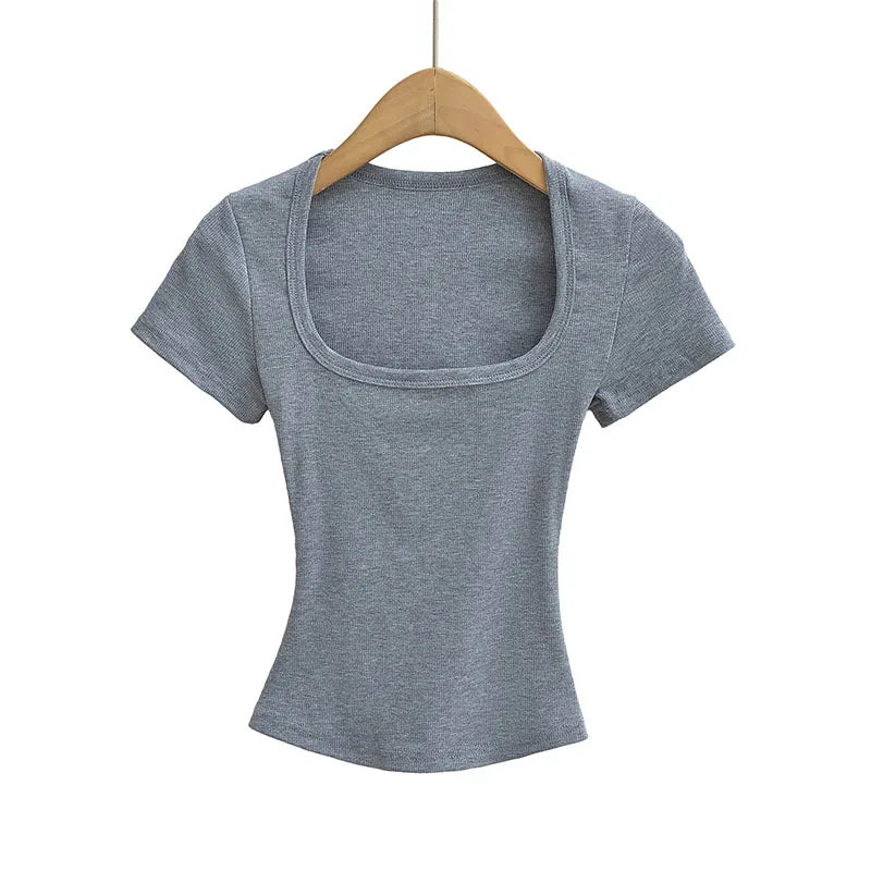 Dozw Square Collar High Stretch Summer Crop Top For Women Slim Fit Short Sleeve