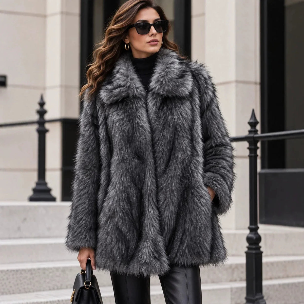 Women's Elegant Faux Fur Lapel Coat With Plush Warmth