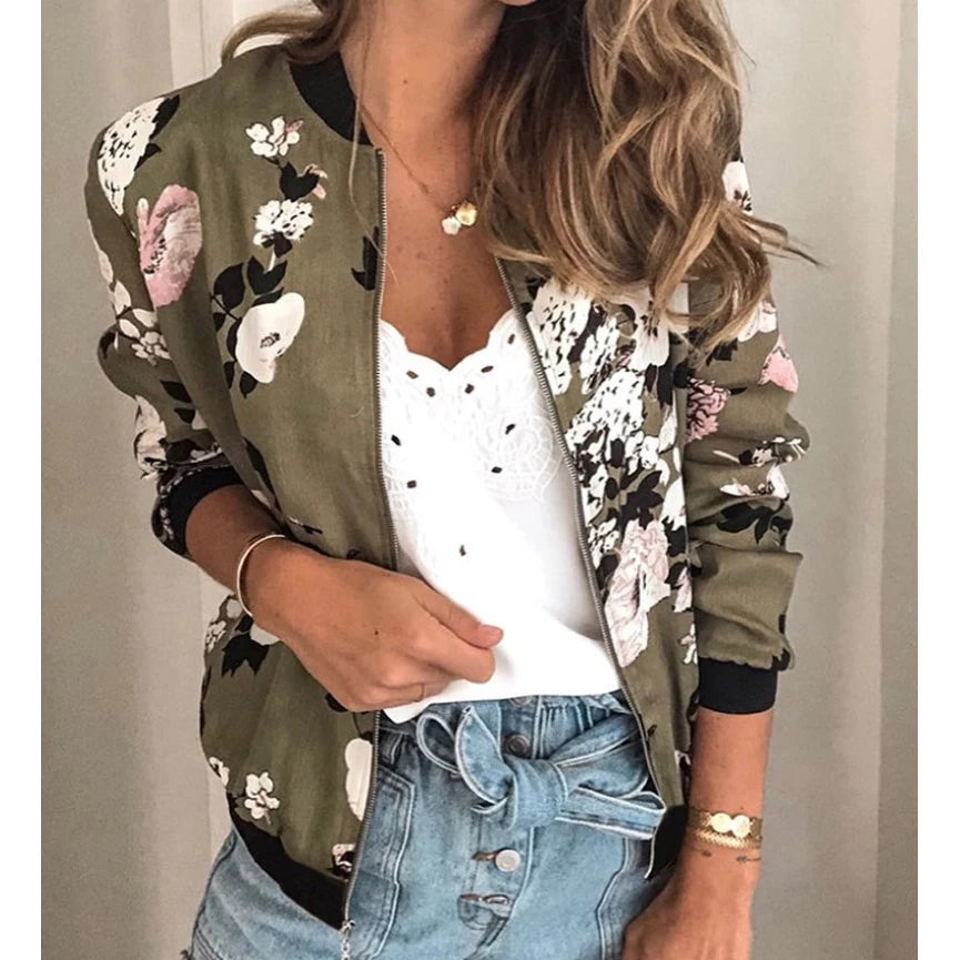Women's Floral Zipper Bomber Jacket for Elegant Office Wear