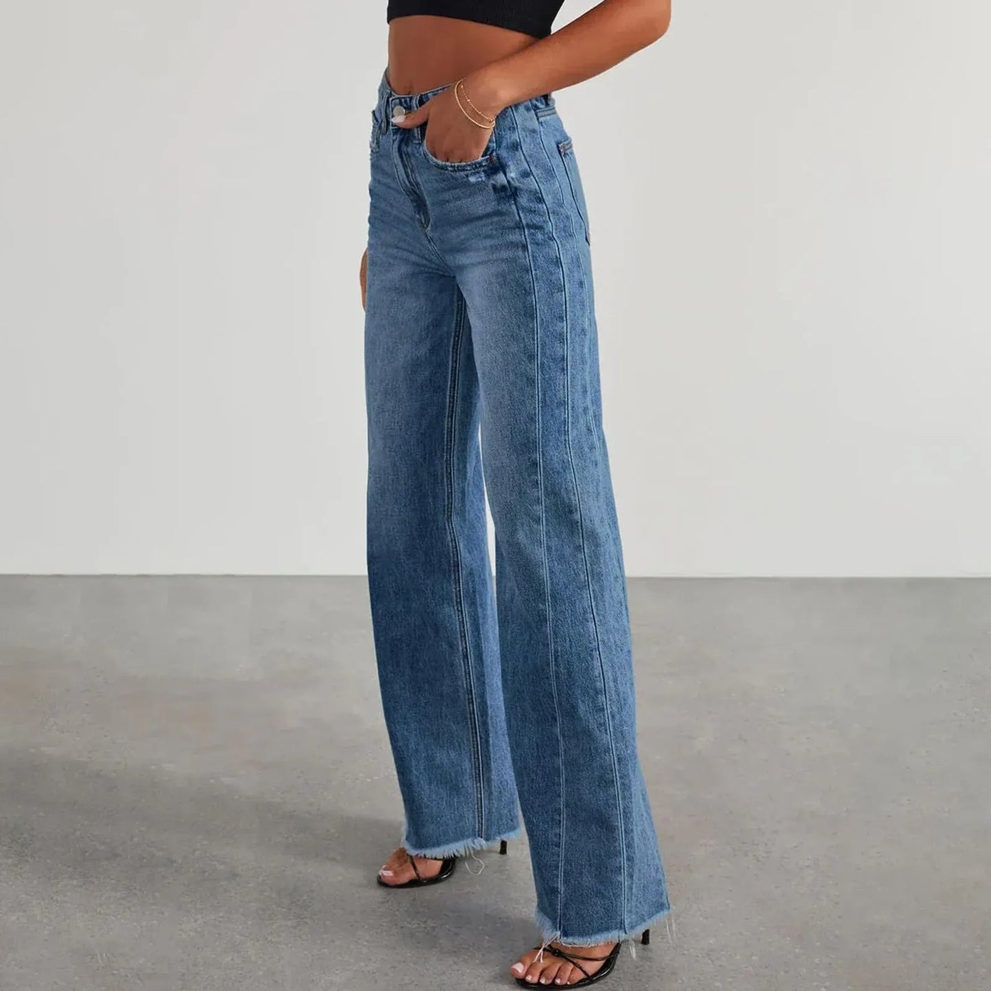 Women Wide Leg Jeans High Waist Denim Trousers With Pockets