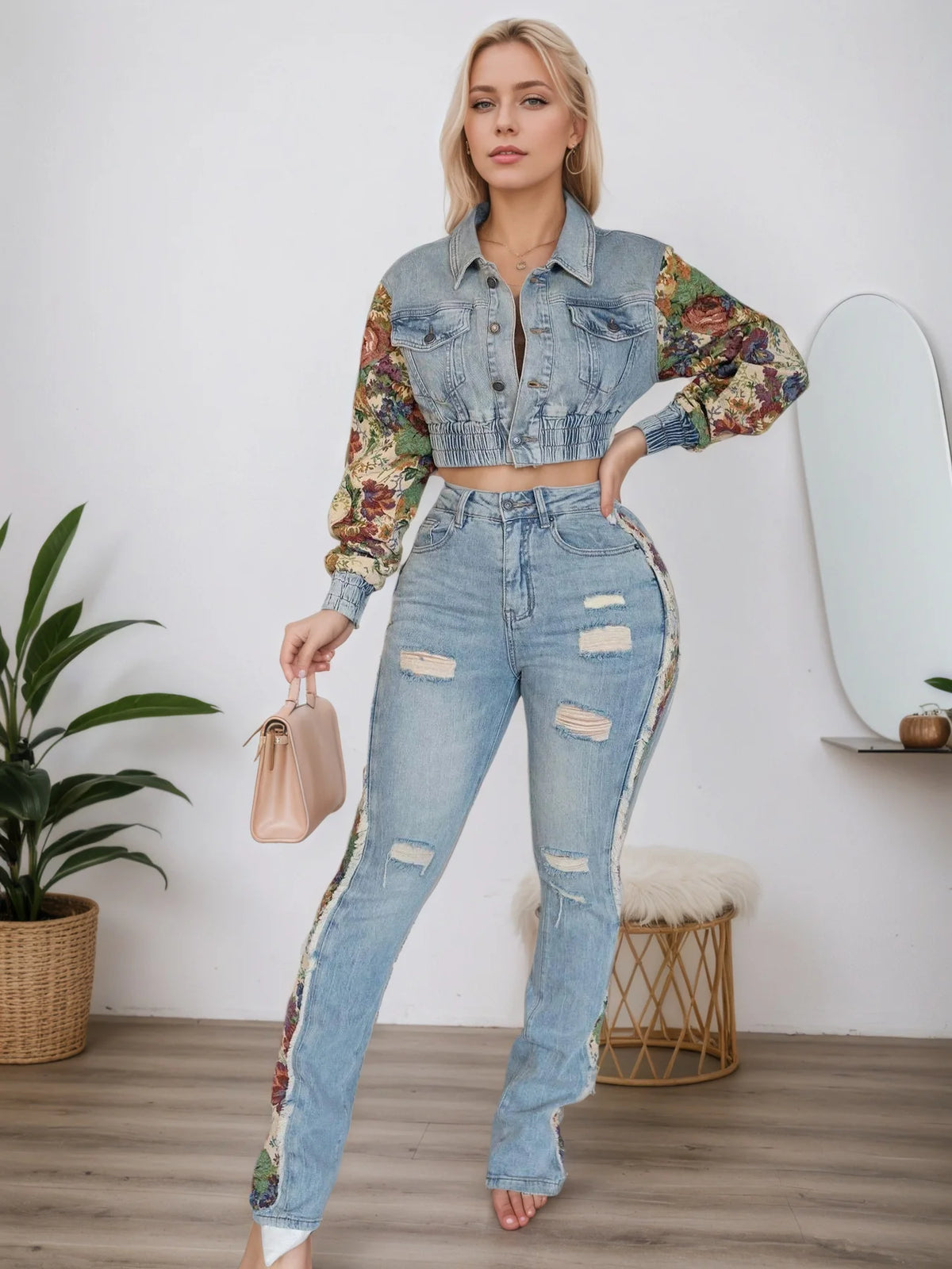 Women's Retro Denim Patchwork Two Piece Jacket And Jeans Set