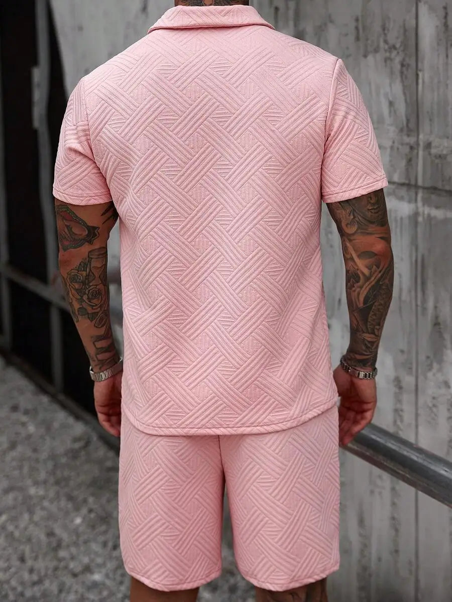 Mens 3D Textured Zipper Polo Casual Two Piece Summer Outfit