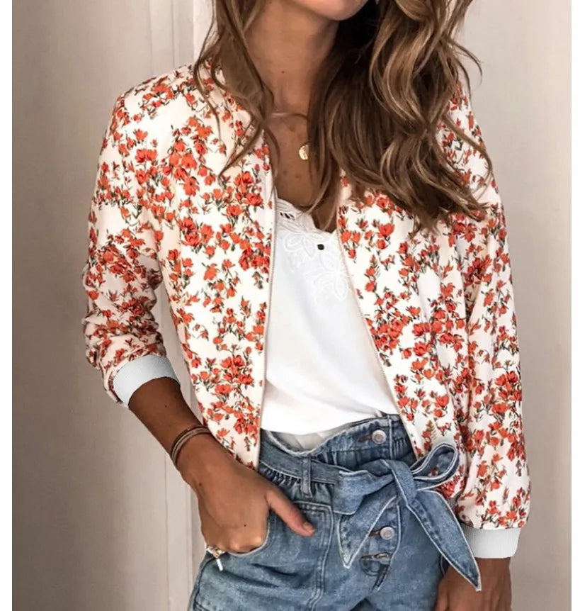 Women's Floral Zipper Bomber Jacket for Elegant Office Wear
